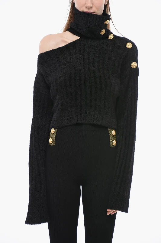 Women's Occasion Wear Clothing Fashion Forward, Function First Balmain Cold Shoulder Sweater with Jewel Buttons