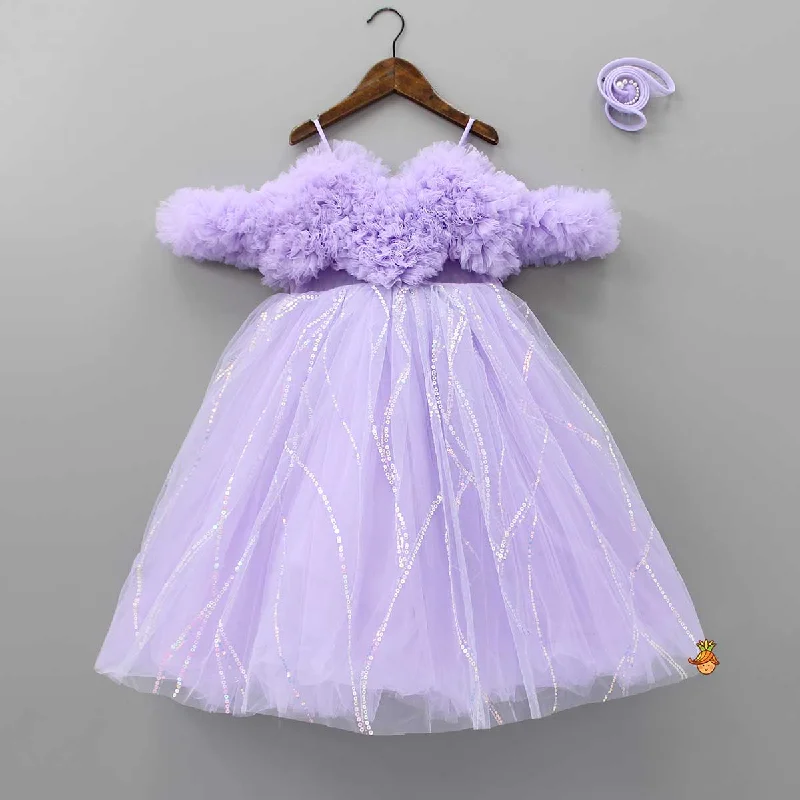 Women's Charming Outfit For Events Seasonal Clearance Exquisite Ruffled Lavender Gown With Matching Hair Clip