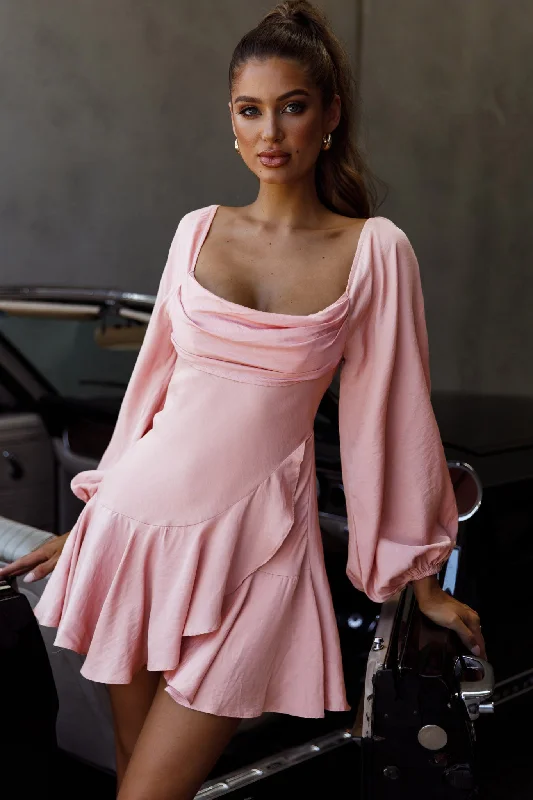 Women's Athletic Outfit Chic Style, Always In Vogue Beaujolais Long Sleeve Cowl Neckline Ruffle Satin Mini Dress Blush