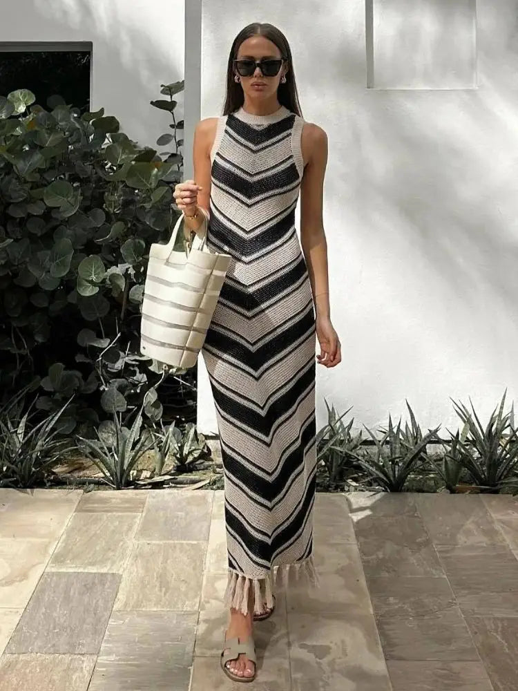 Fashionable Women's Clothes Season Offer Summer Knitted Tassel Striped Bohemian Stylish Maxi Dress Fashionable Women's Clothes Season Offer Summer Knitted Tassel Striped Bohemian Stylish Maxi Dress
