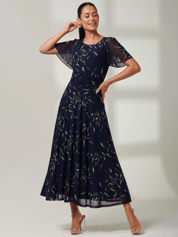 Women's Casual Apparel Fall Sale, Prices Drop Elvira Print Mesh Maxi Dress, Navy Leafy