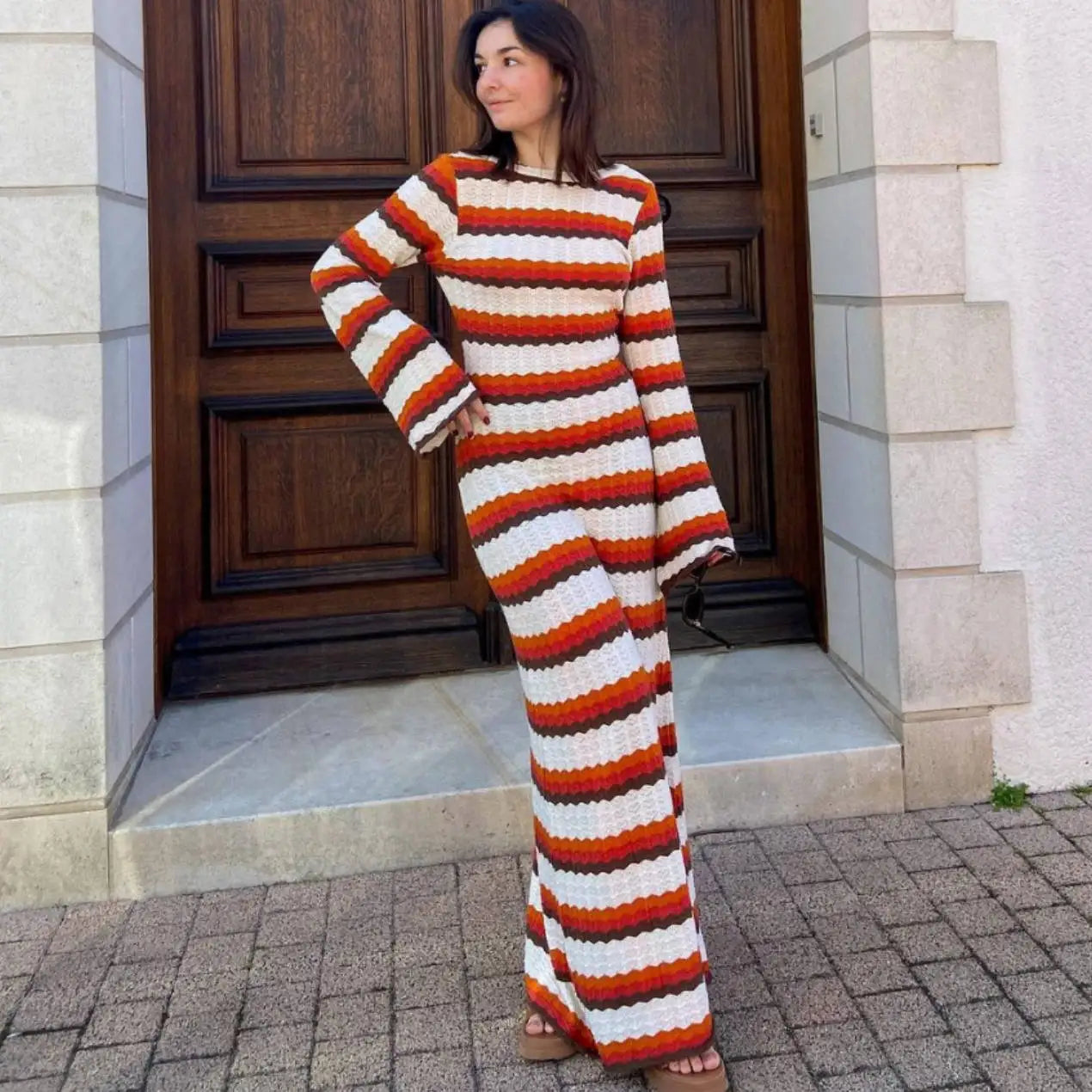 Women's Plus-Size Attire Bold Style Discounts Fashion Striped Knitted Beach Long Sleeve Backless Loose Casual Holiday Vacation Summer Maxi Dress Women's Plus-Size Attire Bold Style Discounts Fashion Striped Knitted Beach Long Sleeve Backless Loose Casual Holiday Vacation Summer Maxi Dress
