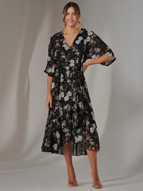 Stylish Clothes For Women Chic And Trendy Rita Ruffle Hem Chiffon Midi Dress, Black Floral