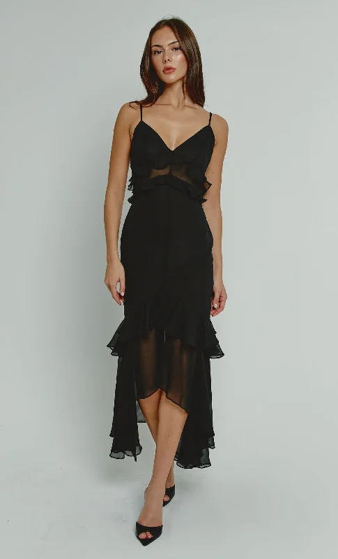 Casual Clothing For Women Boutique Styles Black Chiffon Tiered Ruffle Midi Dress