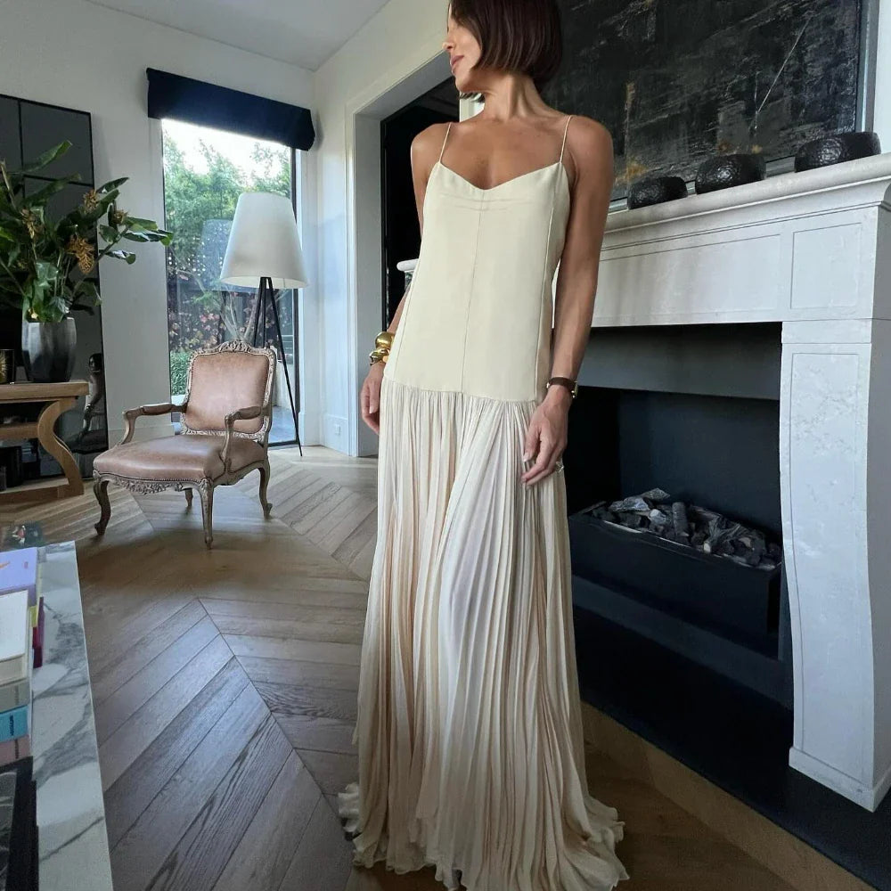 Women's Clothes For Outdoor Events Crazy Price Slashing Beige Mesh Patchwork Spaghetti Strap Loose Stylish Maxi Dress Women's Clothes For Outdoor Events Crazy Price Slashing Beige Mesh Patchwork Spaghetti Strap Loose Stylish Maxi Dress