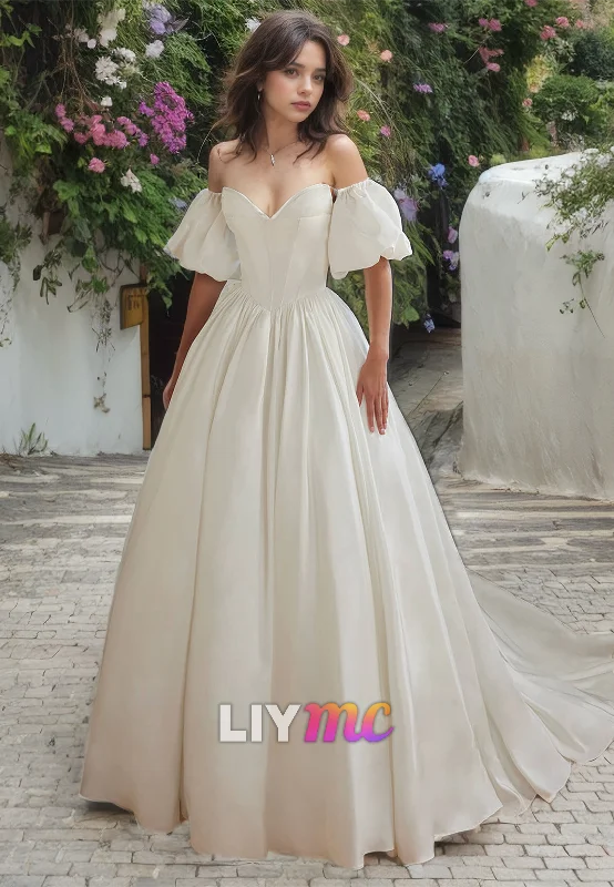 Women's Clothing For Outdoor Events Holiday Attire Sale V-Neck Puff Sleeves Pleated Sleek A-Line Wedding Dress