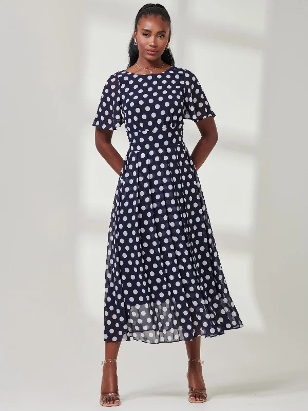 Women's Holiday Clothing Street Style Discounts Spotted Chiffon Fit & Flare Midi Dress, Navy Spot