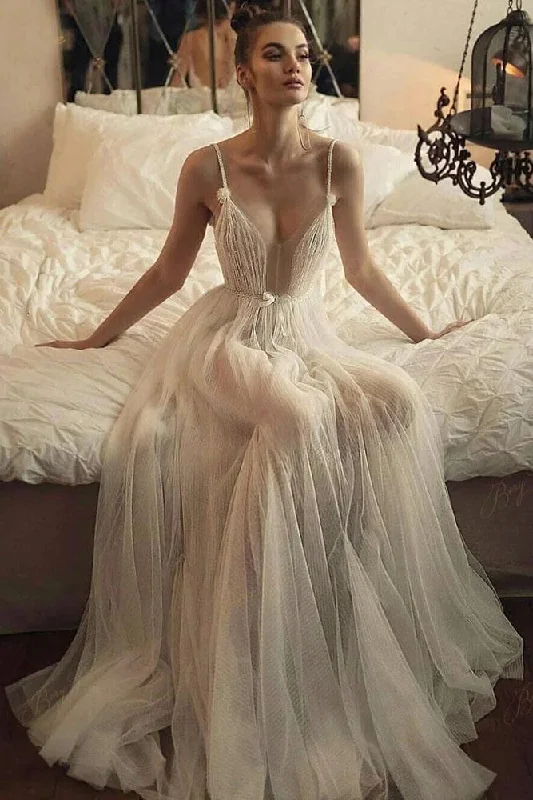 Sustainable Women's Clothing Discover Promotions Beaded Tulle Skirt Spaghetti Straps Long Wedding Gown Beach A line Illusion Women Bride Dress