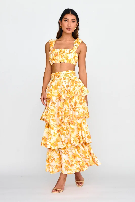 Women's Transitional Outfit Special Offer Suenito Tiered Frill Maxi Skirt Floral Orange Women's Transitional Outfit Special Offer Suenito Tiered Frill Maxi Skirt Floral Orange