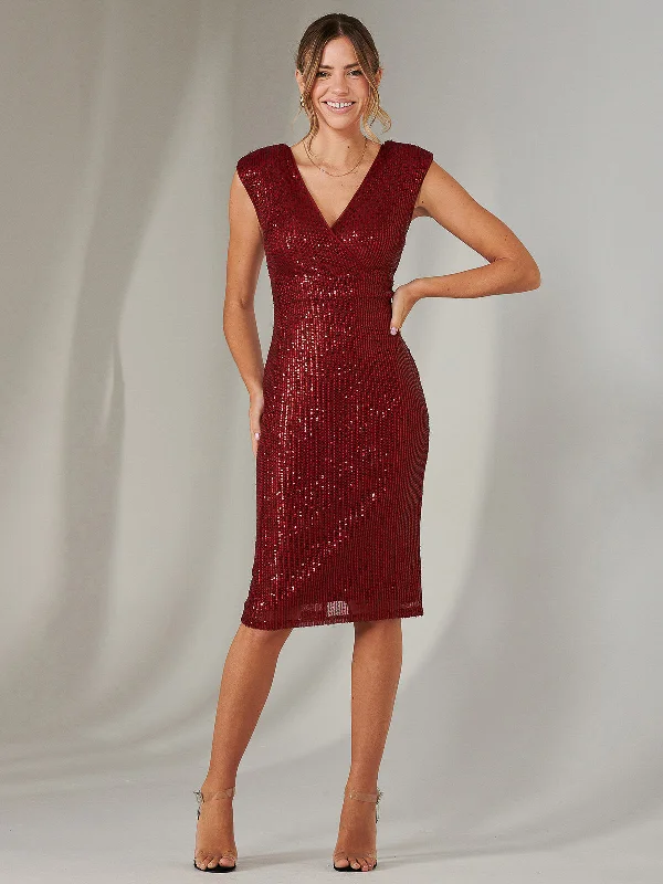Women's Athletic Outfit Edgy Fashion Deals Bennett Sequin Bodycon Midi Dress, Dark Red