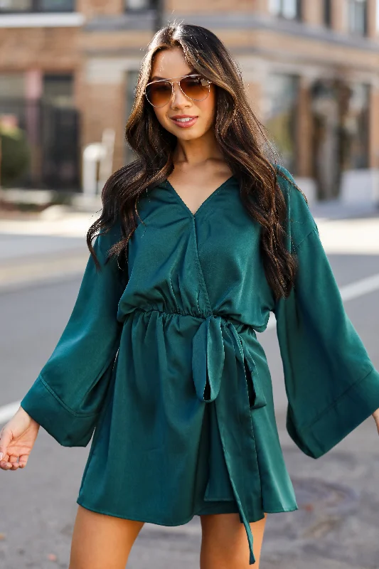 Women's Trendy Garments Smart Casual Deals FINAL SALE - Superior Shine Hunter Green Satin Romper