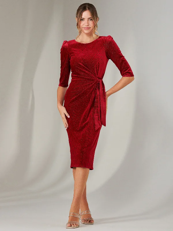 Women's Wardrobe Apparel Comfortable Chic Metallic Thread Velvet Midi Dress, Burgundy