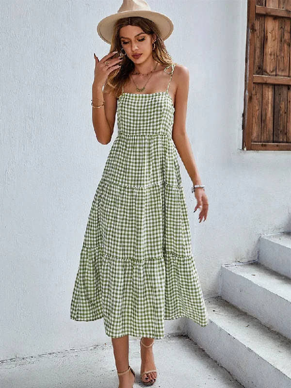 Women's Activewear Attire Chic Styles FashionSierra - Boho Plaid Backless Casual Ruffles Party Beach Sundress