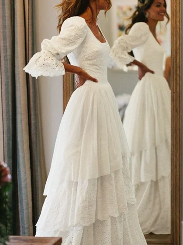 Women's Evening Wear Outfit Contemporary Casual Deals A-Line/Princess Lace Long Sleeves Layers Square Sweep/Brush Train Wedding Dresses
