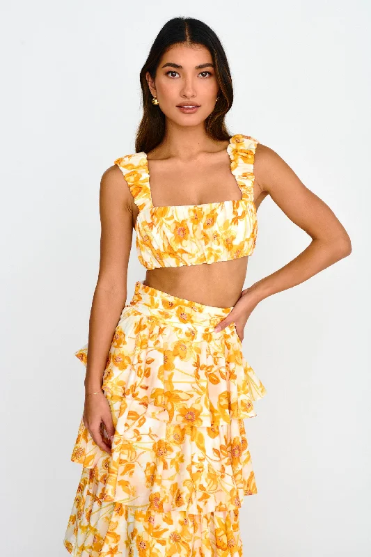 Women's Functional Outfit For Outdoor Activities Fresh Styles, Fresh Deals Suenito Gathered Crop Top Floral Orange Women's Functional Outfit For Outdoor Activities Fresh Styles, Fresh Deals Suenito Gathered Crop Top Floral Orange