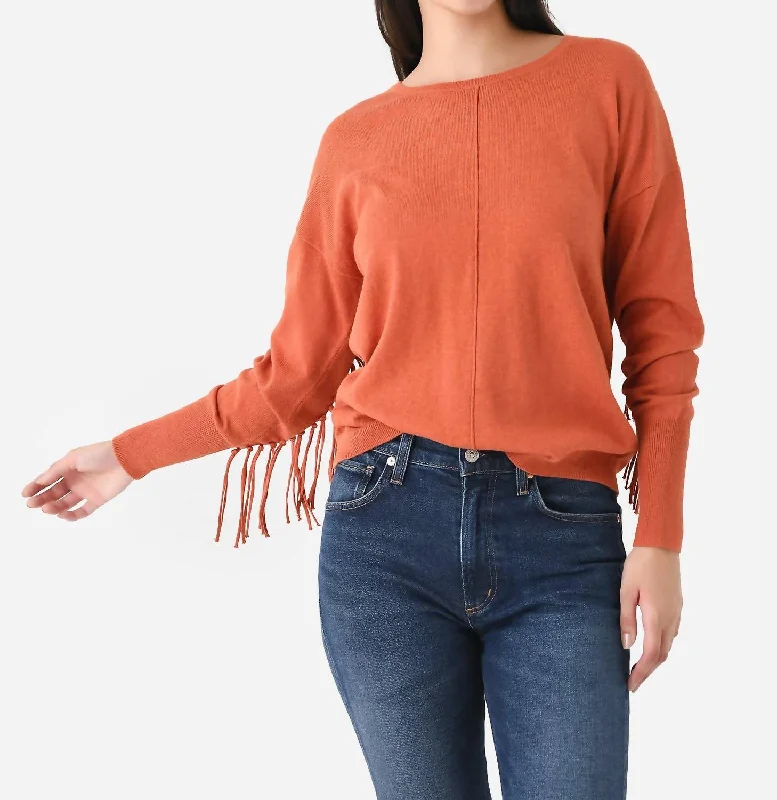 Women's Travel Outfit Set Sustainable Fashion Extravaganza Fringe Sweater In Amber