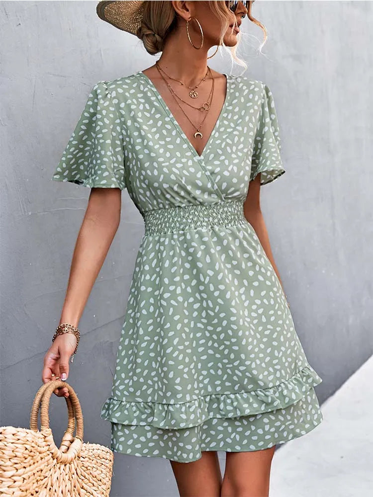 Women's Evening Clothing Hot Sale V Neck Mini Floral Short Lotus Leaf Elegant  Midi Dresses