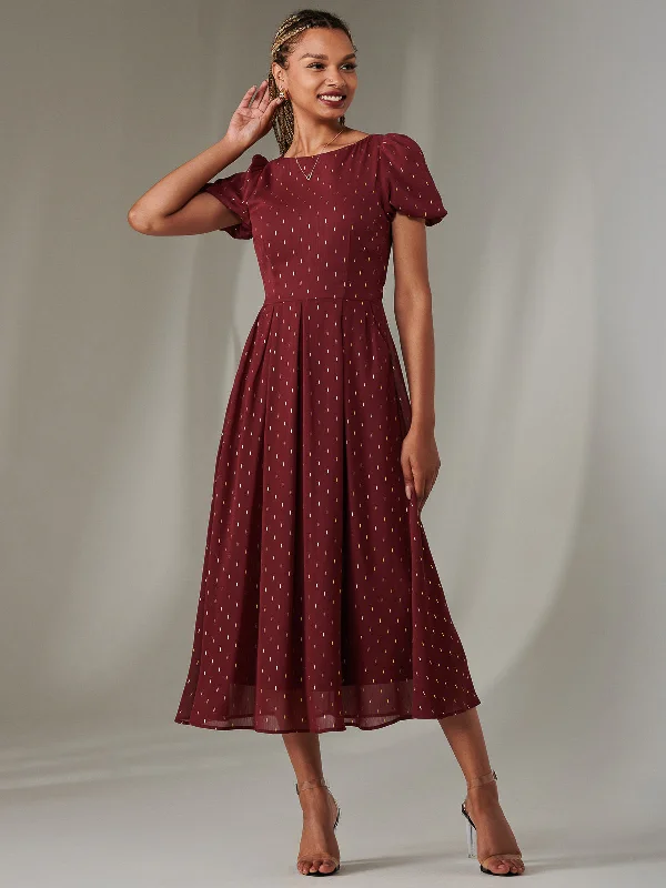 Women's Elegant Apparel New Styles Just In Metallic Spot Chiffon Midimix Dress, Burgundy