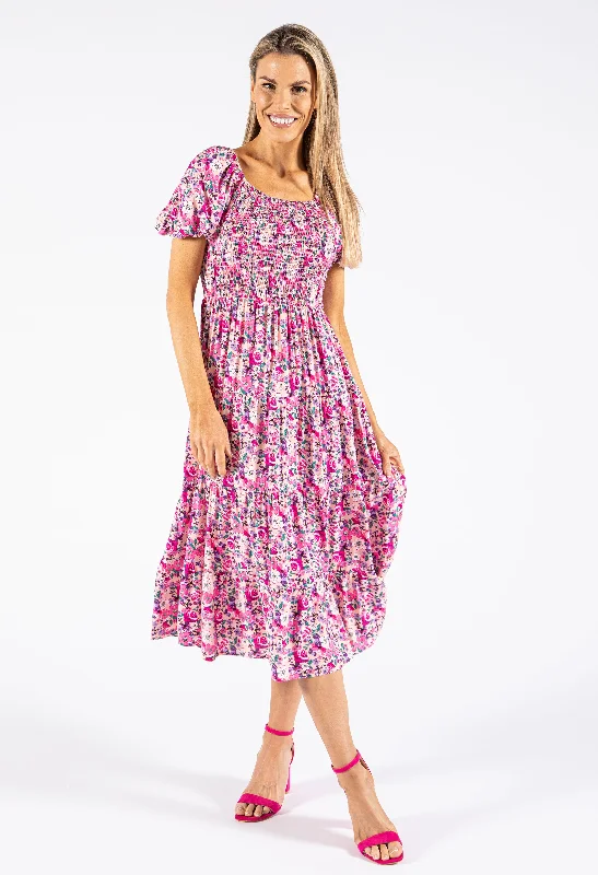 Women's Elegant Evening Outfit Trendy Looks On Sale Smocking Bodice Floral Dress