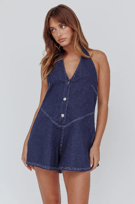 Affordable Luxury Women's Garments Fashion Essentials Glowing Halterneck Romper Dark Denim Affordable Luxury Women's Garments Fashion Essentials Glowing Halterneck Romper Dark Denim