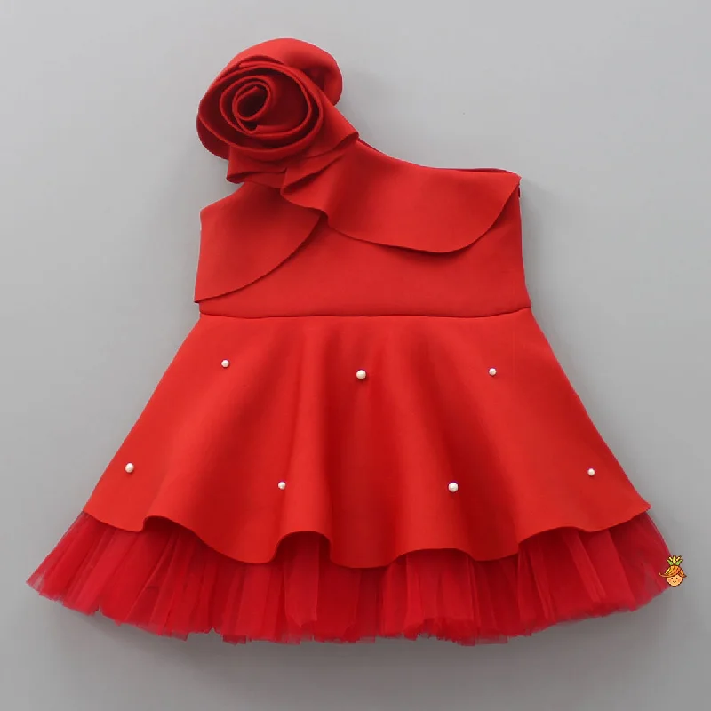 Women's Seasonal Attire Stay Ahead In Style Rose Embellished Frilly Red Scuba Dress