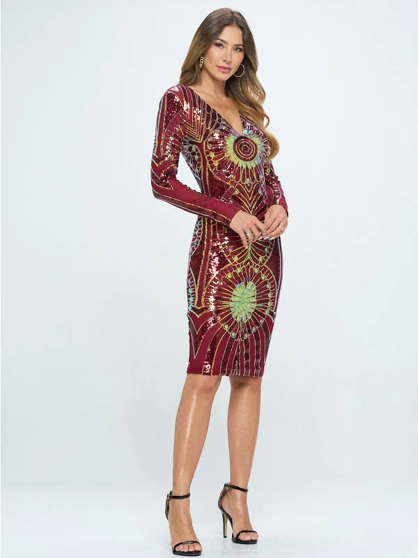Women's Chic Apparel Forward Trendsetter WOMEN'S LONG SLEEVE V-NECK  BODYCON SEQUINS MIDI DRESS