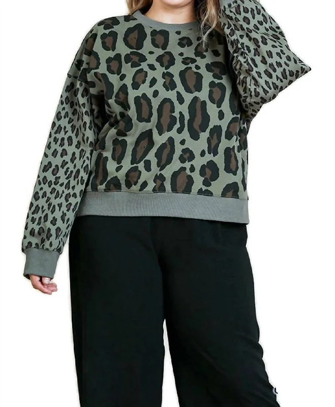 Stylish Women's Attire Statement Fashion Offers Wild Leopard Sweater In Olive Mix