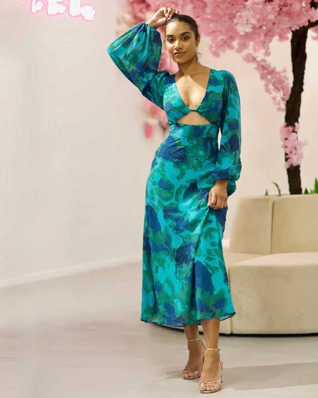 Women's Athletic Garments Explore What'S New Kora Chiffon Midi Dress - Green/Blue Print Women's Athletic Garments Explore What'S New Kora Chiffon Midi Dress - Green/Blue Print