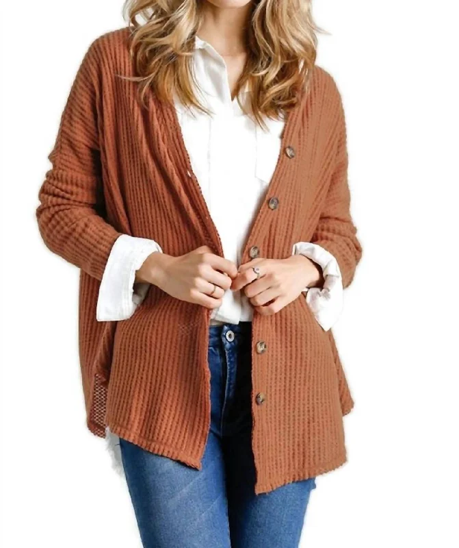 Women's Fashion Clothes Bid Farewell To The Old Season Waffle Knit Cardigan In Ginger Women's Fashion Clothes Bid Farewell To The Old Season Waffle Knit Cardigan In Ginger