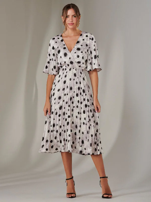 Women's Outerwear Apparel Hot Items Pleated Wrap Midi Dress, White Polka Dot