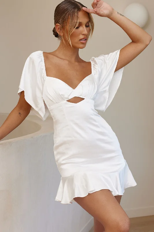 Comfortable Women's Clothing Spring Offer Eyes On You Pleated Bust Angel Sleeve Ruffle Hem Dress White