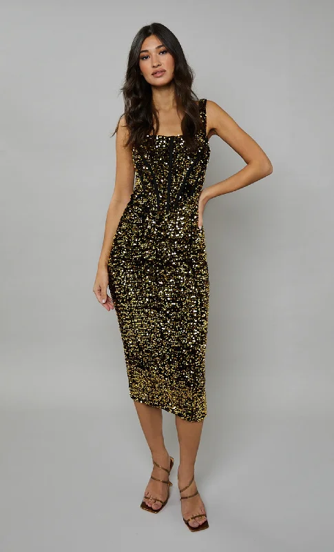 Women's Evening Attire Flash Sale Starts Gold Sequin Corset Velvet Midaxi Dress