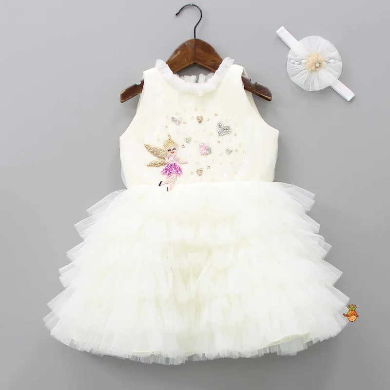 Women's Activewear Outfit Special Offers Fairy Embroidered Yoke Off White Multi Layered Dress With Head Band Women's Activewear Outfit Special Offers Fairy Embroidered Yoke Off White Multi Layered Dress With Head Band