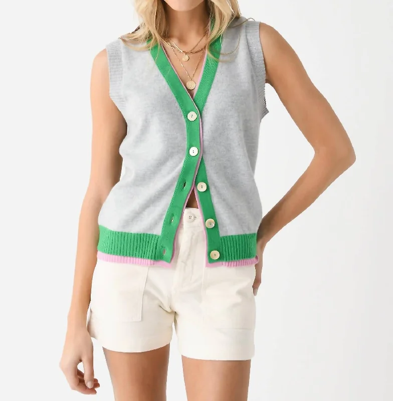 Vintage-Inspired Garments Flash Sale, Don'T Miss Cashmere Double Rib Sleeveless Cardigan In Super Grey/bright Green Rose