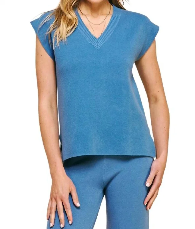 Women's Clothes For The Office Trendy Threads V Neck Sweater Vest In Dusty Blue
