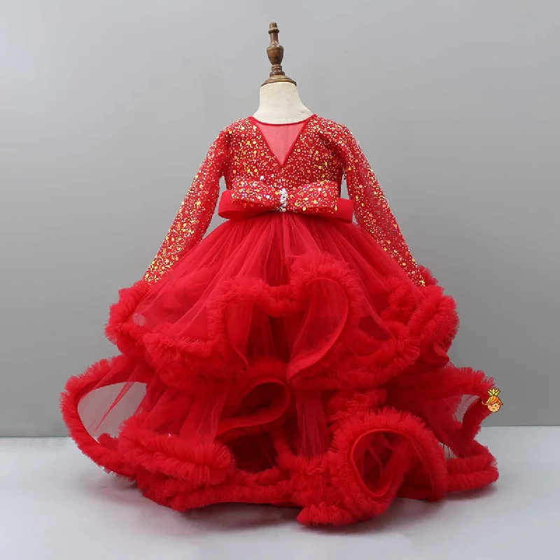 Women's Classic Outfit Insane Discount Onslaught Sequined Red Ruffle Layered Fancy Gown Women's Classic Outfit Insane Discount Onslaught Sequined Red Ruffle Layered Fancy Gown