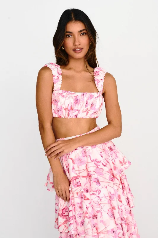 Luxury Women's Clothes Swimwear Summer Blowout Suenito Gathered Crop Top Floral Pink Luxury Women's Clothes Swimwear Summer Blowout Suenito Gathered Crop Top Floral Pink