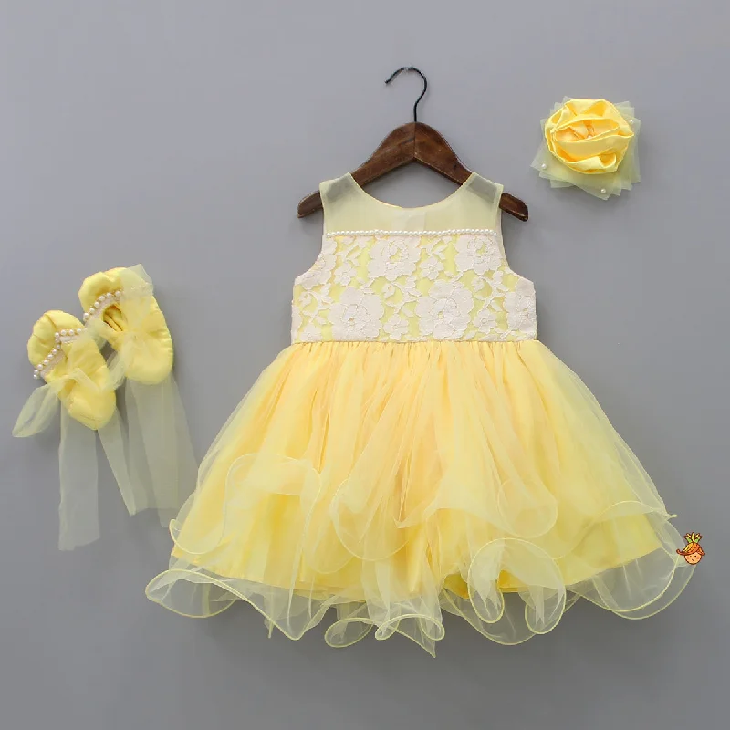 Women's Classic Outfit Seasonal Fashion Yellow Lacy Floral Dress