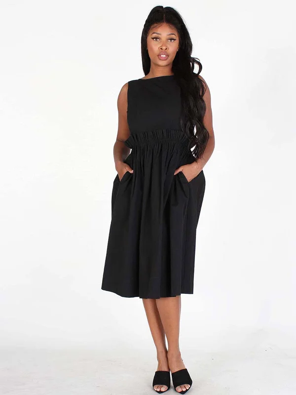 Women's Athletic Clothes Forward Trendsetter WOMEN'S SLEEVELESS BACK BUTTON UP POCKETS FIT & FLARE MIDI DRESS