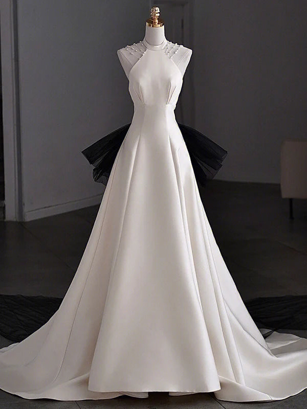 Women's Elegant Evening Attire Must Haves White Satin Halter Backless Wedding Dress