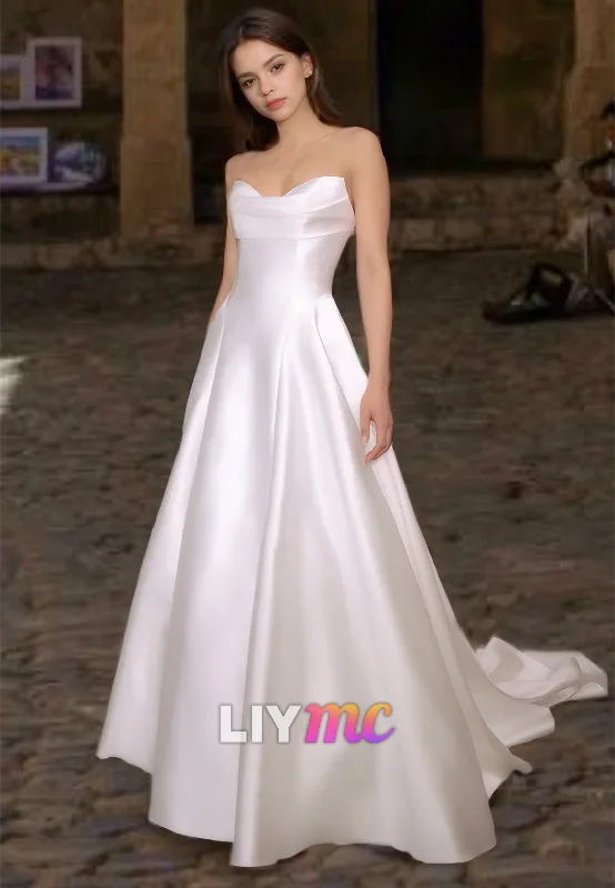 Women's Clothes For Work Events Fashion-Forward Offers Strapless Sleeveless Sleek Pleated Satin A-Line Wedding Dress