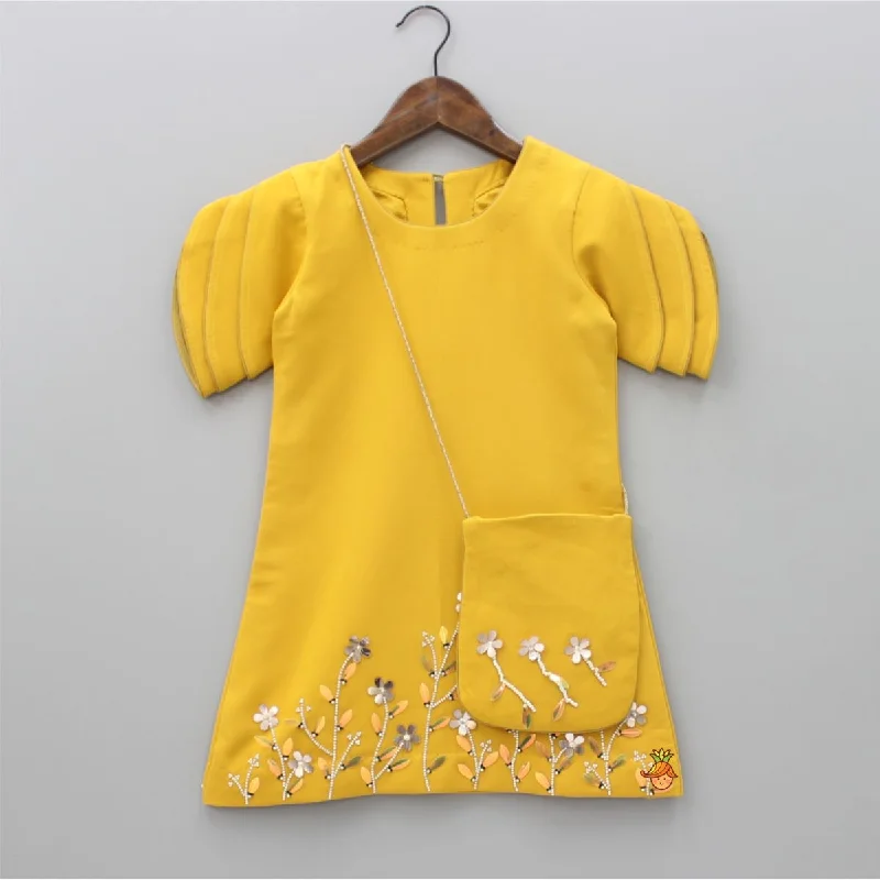 Women's Comfortable Garments Modern Fashion Sale Mustard Floral Embroidered Stylish Layered Sleeves Dress With Sling Bag