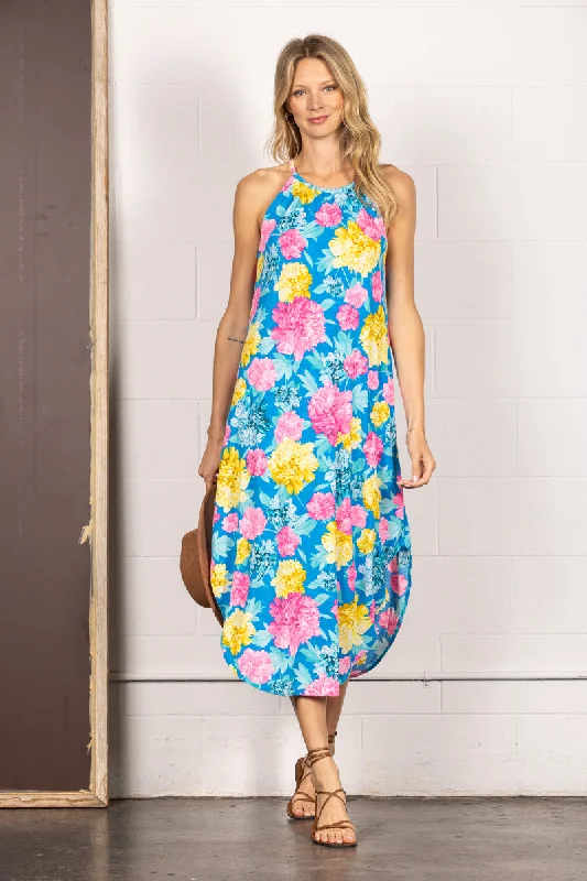 Women's Fashion-Forward Apparel Fashionable Comfort Promotions BLUE FLORAL PRINT HALTER SLEEVELESS MAXI DRESS VL5663 Women's Fashion-Forward Apparel Fashionable Comfort Promotions BLUE FLORAL PRINT HALTER SLEEVELESS MAXI DRESS VL5663