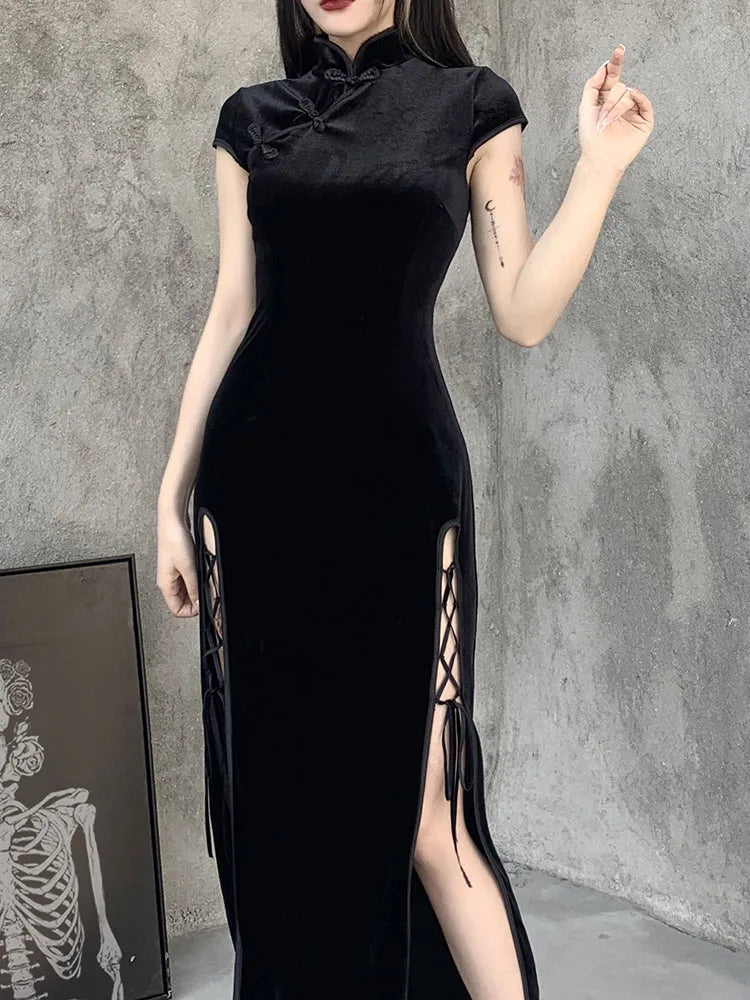 Comfortable Women's Clothes Classic Elegance Sales Romantic Gothic Aesthetic Vintage Black Sexy Evening Cheongsam Midi Dresses