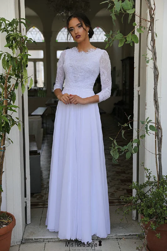 Women's Garments Romantic Chic Deals Modest Long Sleeve Pure White Lace Wedding Dress