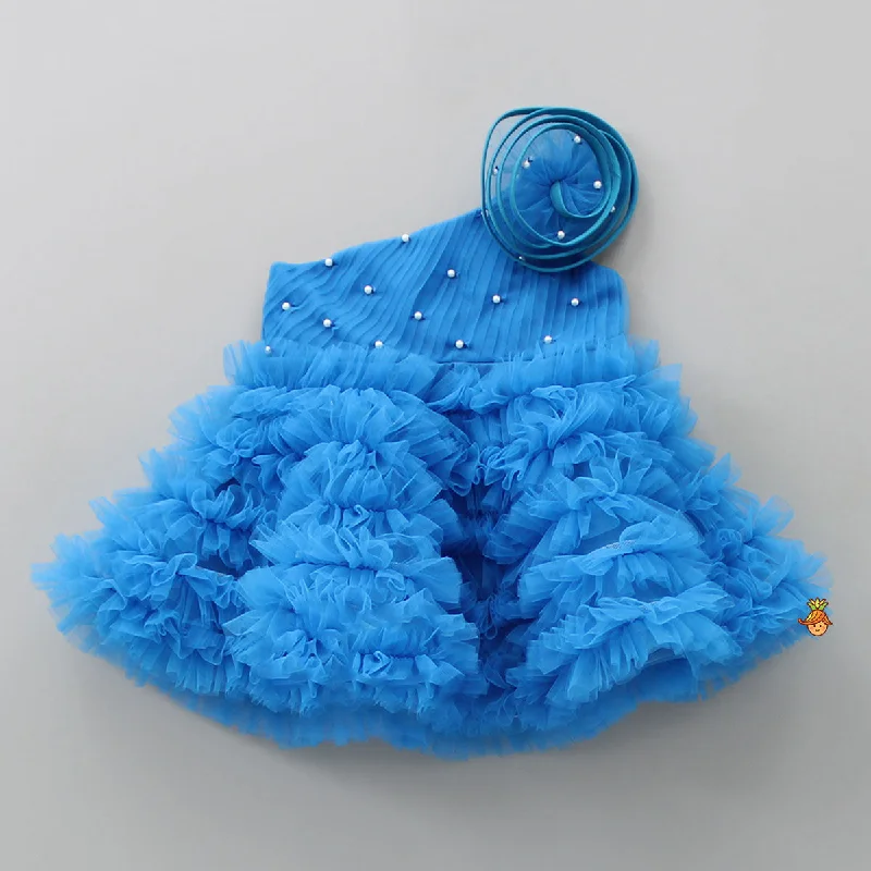 Women's Stylish Vacation Attire Fashion Forward Swirl Frilled One Shoulder Blue Dress Women's Stylish Vacation Attire Fashion Forward Swirl Frilled One Shoulder Blue Dress