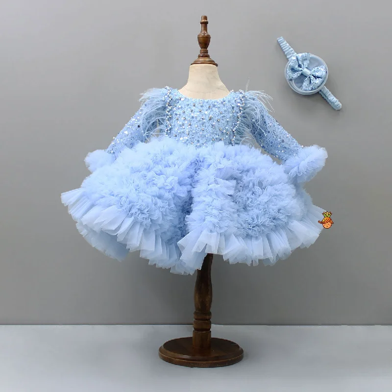 Women's Seasonal Garments Dive Into Trendy Styles Sequins Embellished Ruffled Blue Dress With Matching Swirled Bowie Head Band