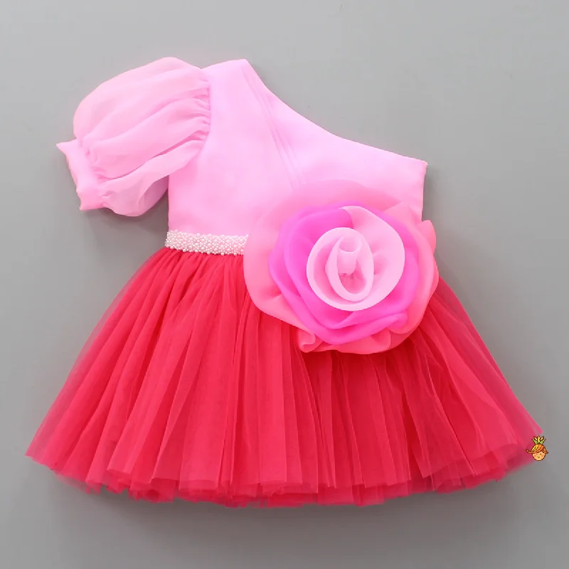 Affordable Women's Clothing Elevated Casual Discounts One Shoulder Swirled Flower Enhanced Flared Pink And Red Dress Affordable Women's Clothing Elevated Casual Discounts One Shoulder Swirled Flower Enhanced Flared Pink And Red Dress
