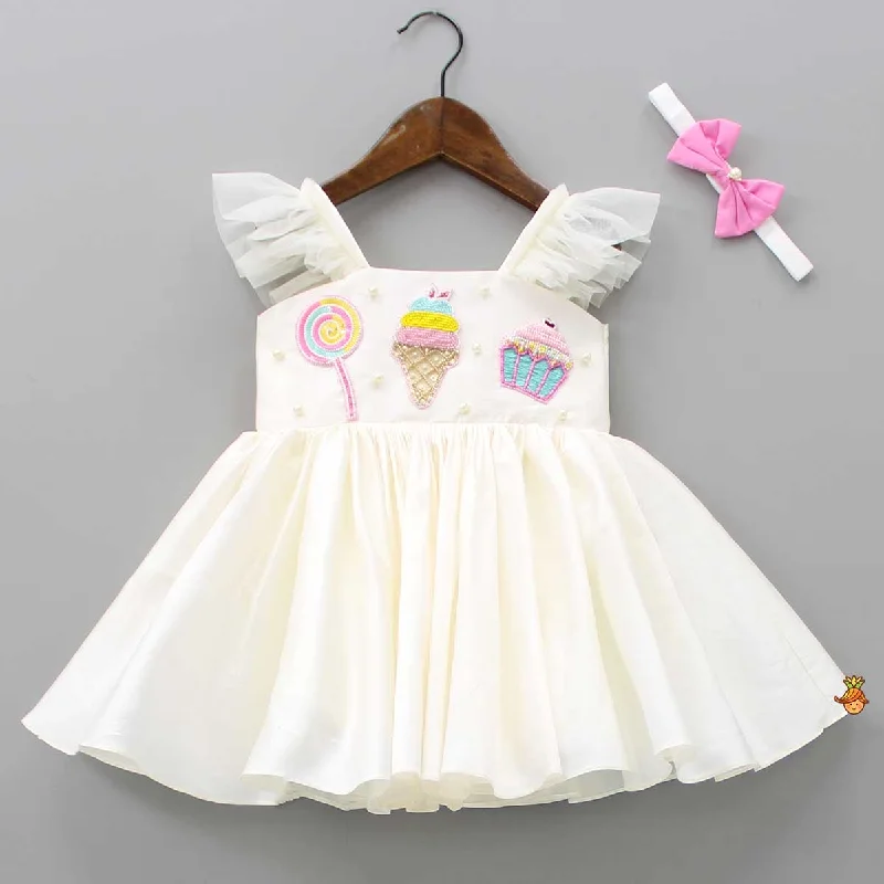 Women's Vintage-Inspired Clothing Holiday Attire Sale Off White Candies Embroidered Dress With Contrasting Pink Head Band Women's Vintage-Inspired Clothing Holiday Attire Sale Off White Candies Embroidered Dress With Contrasting Pink Head Band