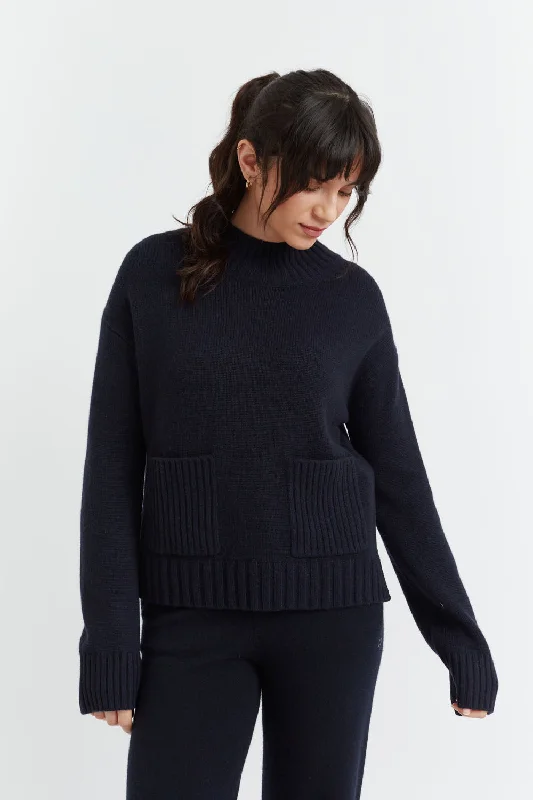Women's Occasion Wear Apparel Best Deals Of The Season Navy Cashmere Patch Pocket Sweater